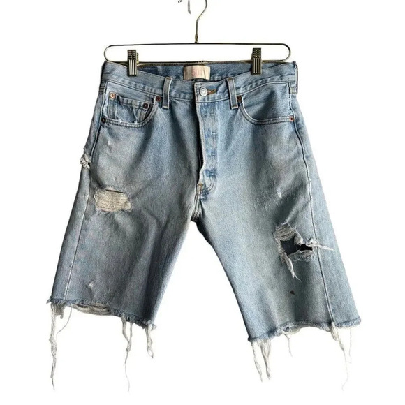 Levi's 501 Button Fly Jean Shorts Women's 31 Blue Distressed - Picture 1 of 14